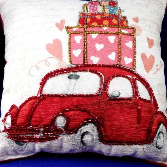 Bella Lux Beaded Love Bug Pink Red Romance Pillow 12" - Picture 2 of 4